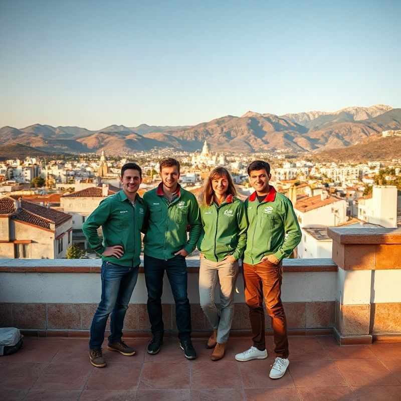 Equipo de Betazforge sobre un tejado terminado con Sierra Nevada al fondo