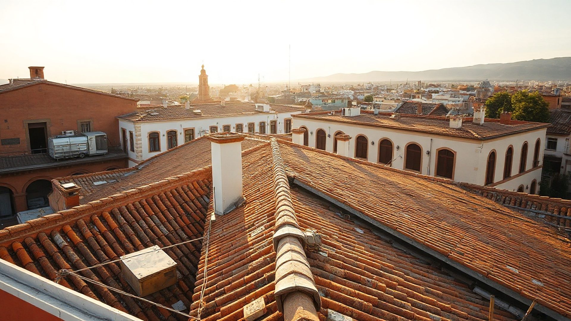 Equipo de Betazforge sobre un tejado de tejas cerámicas en Granada al amanecer