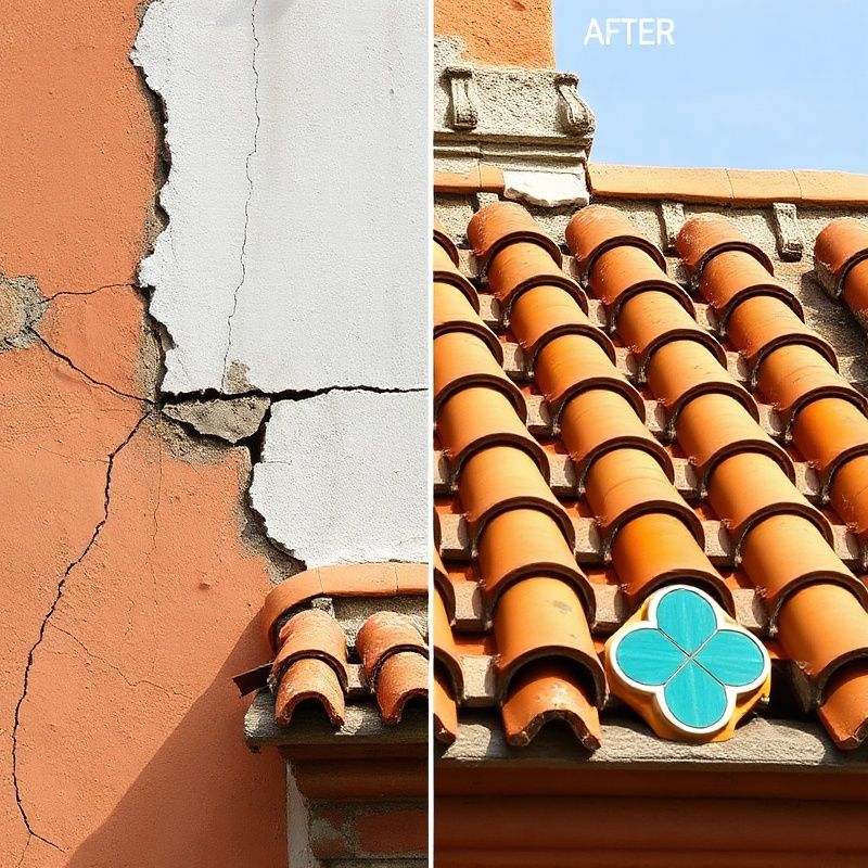 Comparación antes y después de la reparación de tejas agrietadas en un edificio de Granada
