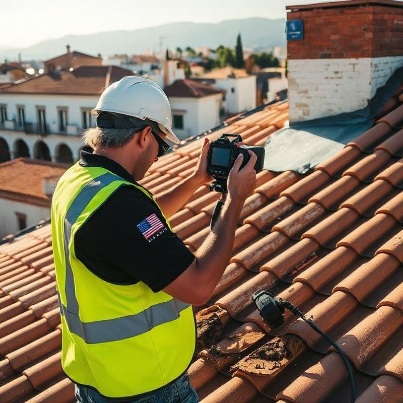 Técnico de Betazforge usando cámara termográfica sobre un tejado dañado en Granada