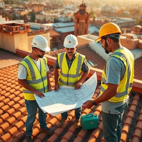 Equipo técnico de Betazforge revisando planos sobre un tejado en Granada